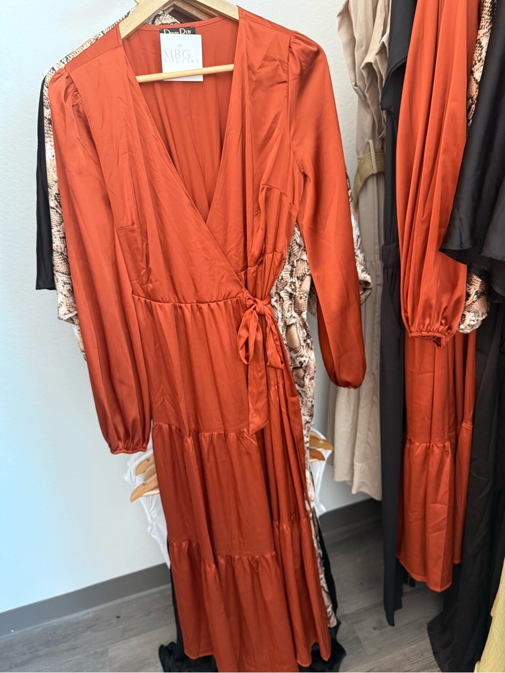 Rust Satin Wrap Maxi Dress with Long Sleeves - Picture 4 of 5
